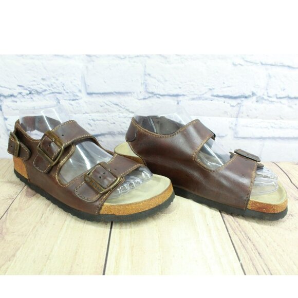 LL Bean Brown Oiled Leather Slingback Cork Buckled Casual Sandals Size 7.5 - Picture 3 of 9